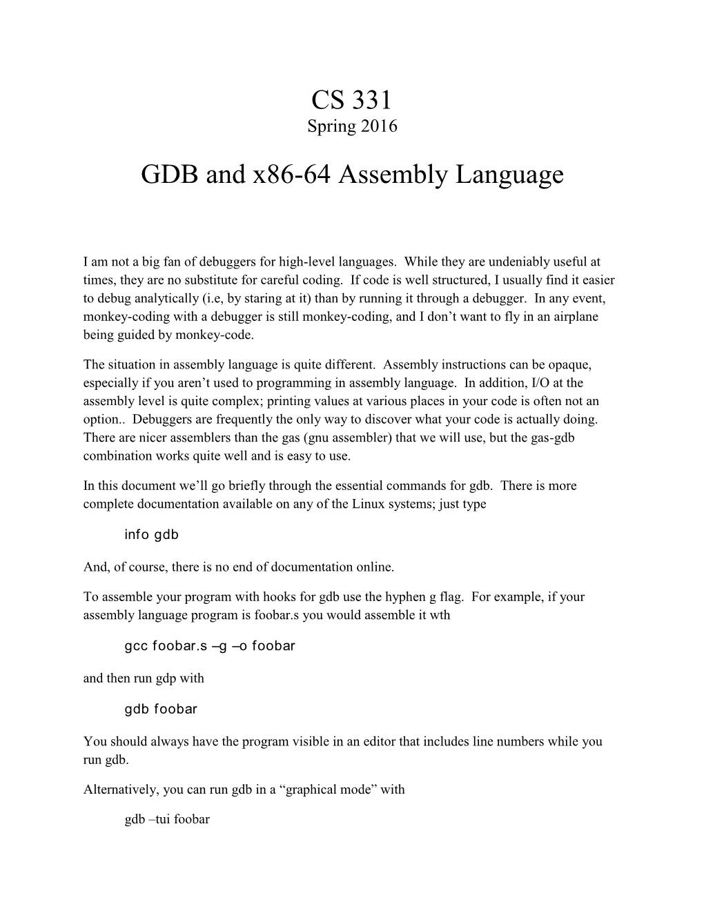 CS 331 GDB and X86-64 Assembly Language