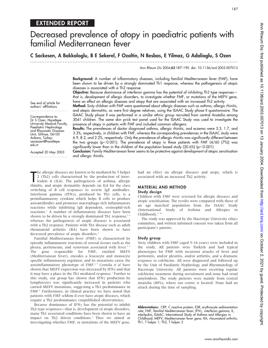 Decreased Prevalence of Atopy in Paediatric Patients with Familial