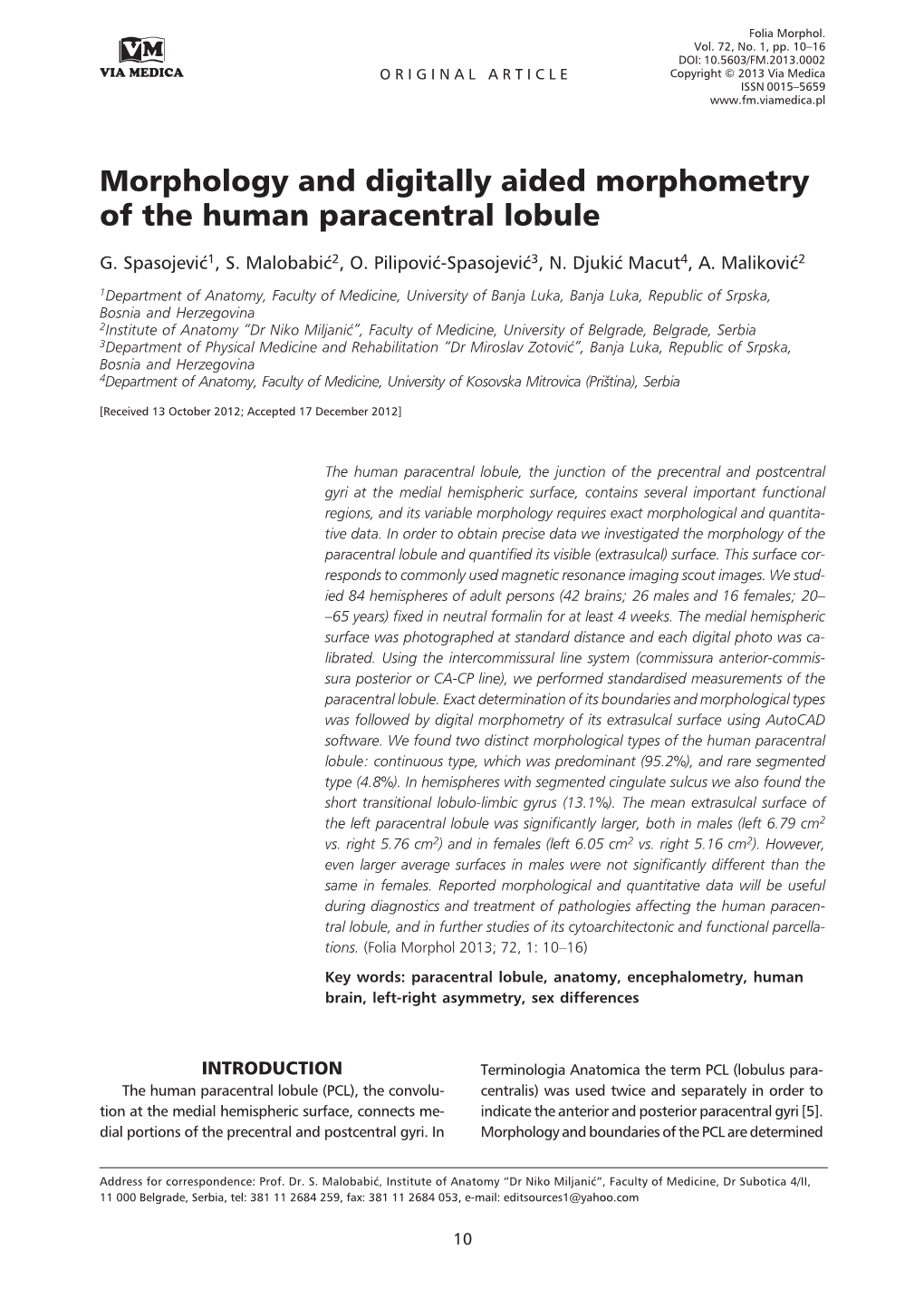 Morphology and Digitally Aided Morphometry of the Human Paracentral Lobule