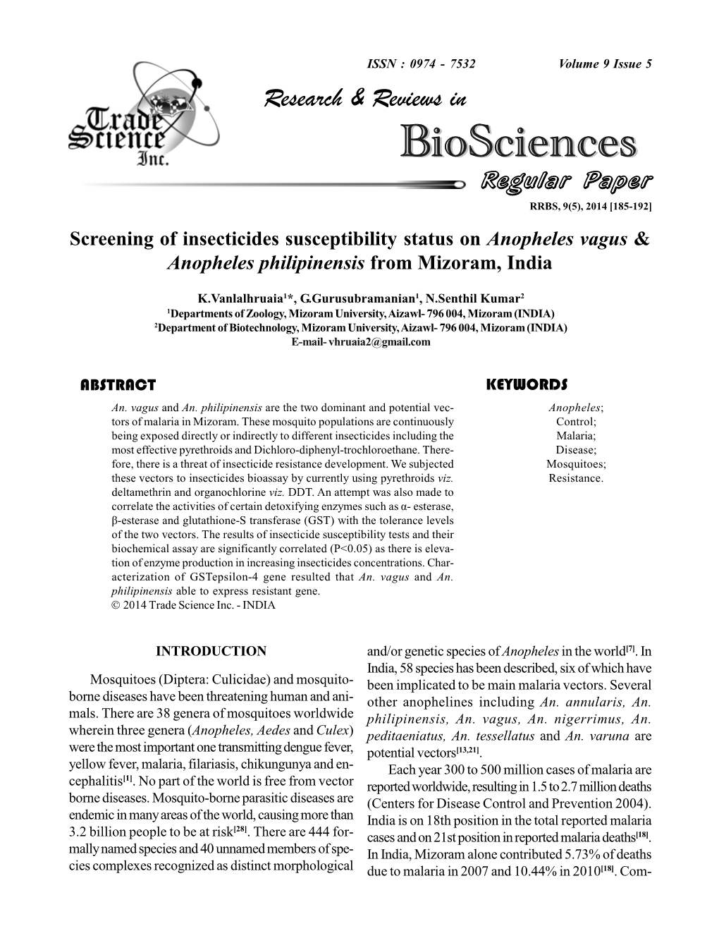 Screening of Insecticides Susceptibility Status on Anopheles Vagus & Anopheles Philipinensis from Mizoram, India