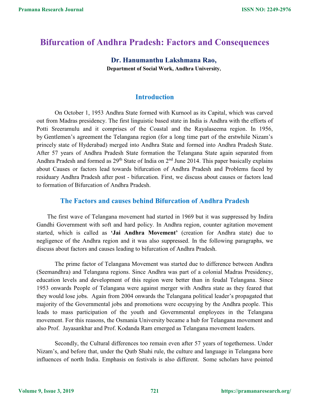 Bifurcation of Andhra Pradesh: Factors and Consequences