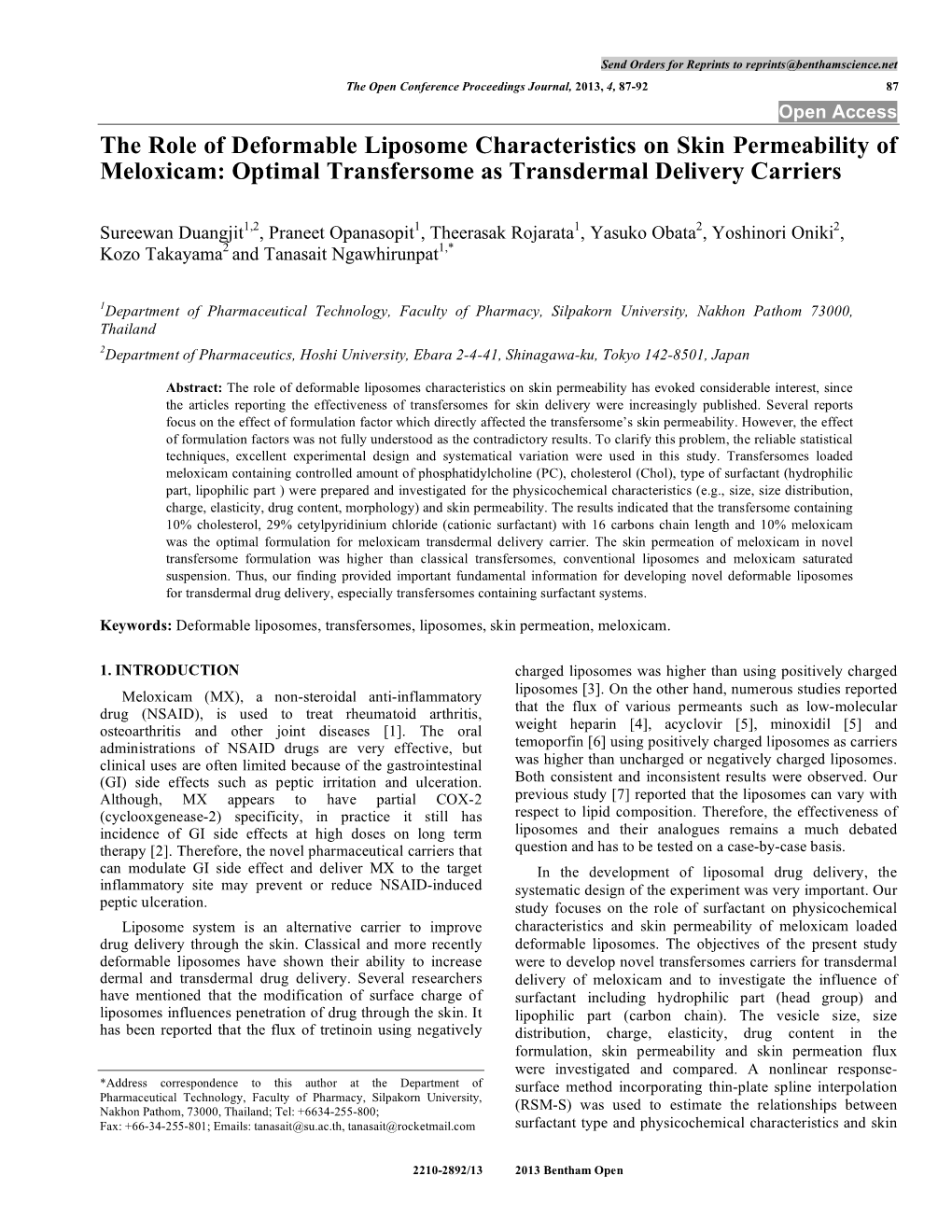 The Role of Deformable Liposome Characteristics on Skin Permeability of Meloxicam: Optimal Transfersome As Transdermal Delivery Carriers