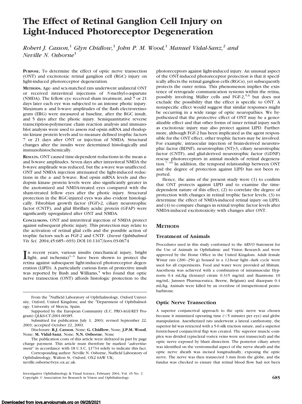 The Effect of Retinal Ganglion Cell Injury on Light-Induced Photoreceptor Degeneration