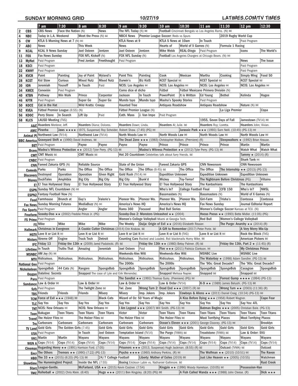 Sunday Morning Grid 10/27/19 Latimes.Com/Tv Times