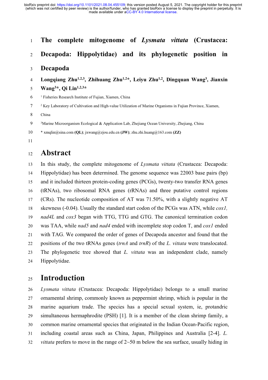 The Complete Mitogenome of €Lysmata Vittata