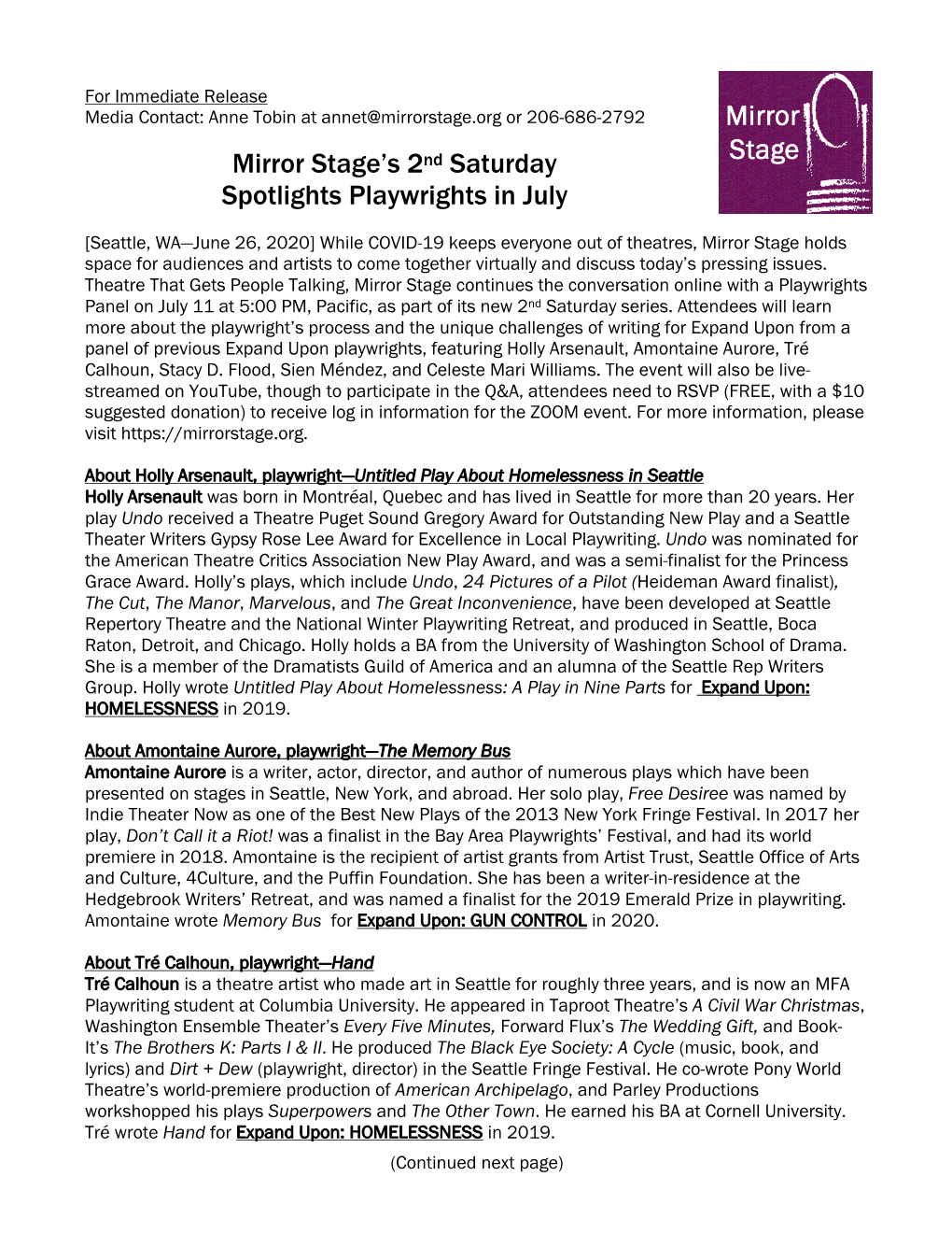 Mirror Stage's 2Nd Saturday Spotlights Playwrights in July