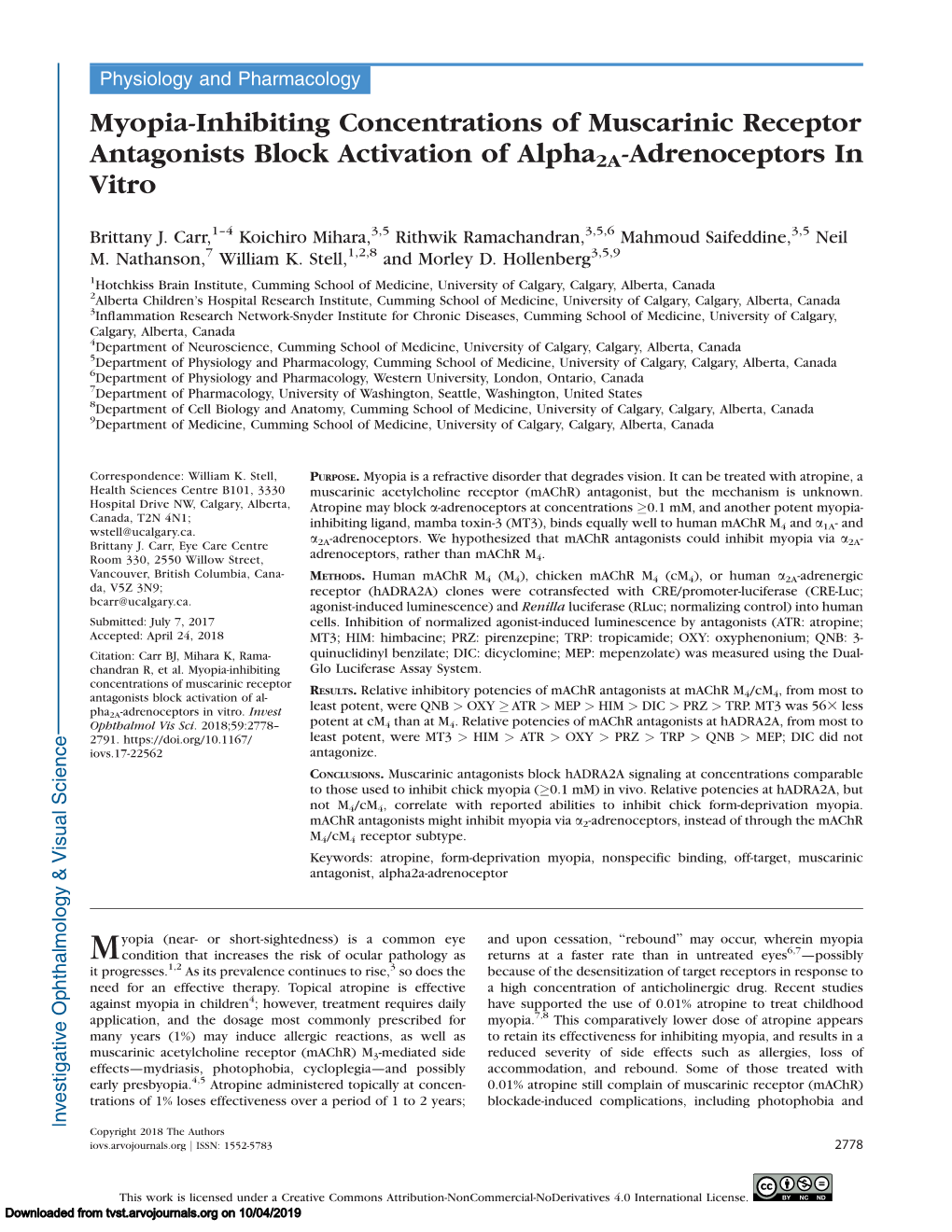 Myopia-Inhibiting Concentrations of Muscarinic Receptor Antagonists Block Activation of Alpha2a-Adrenoceptors in Vitro