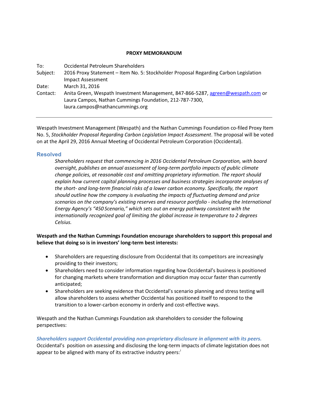 PROXY MEMORANDUM To: Occidental Petroleum Shareholders