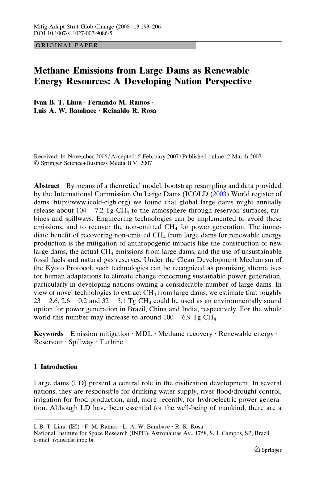 Methane Emissions from Large Dams As Renewable Energy Resources: a Developing Nation Perspective