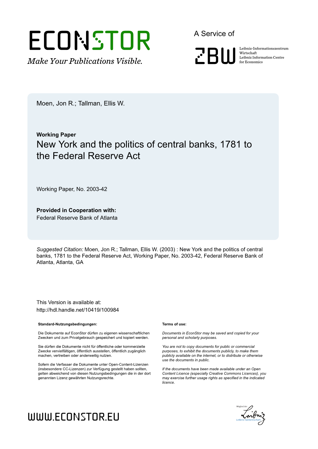 New York and the Politics of Central Banks, 1781 to the Federal Reserve Act