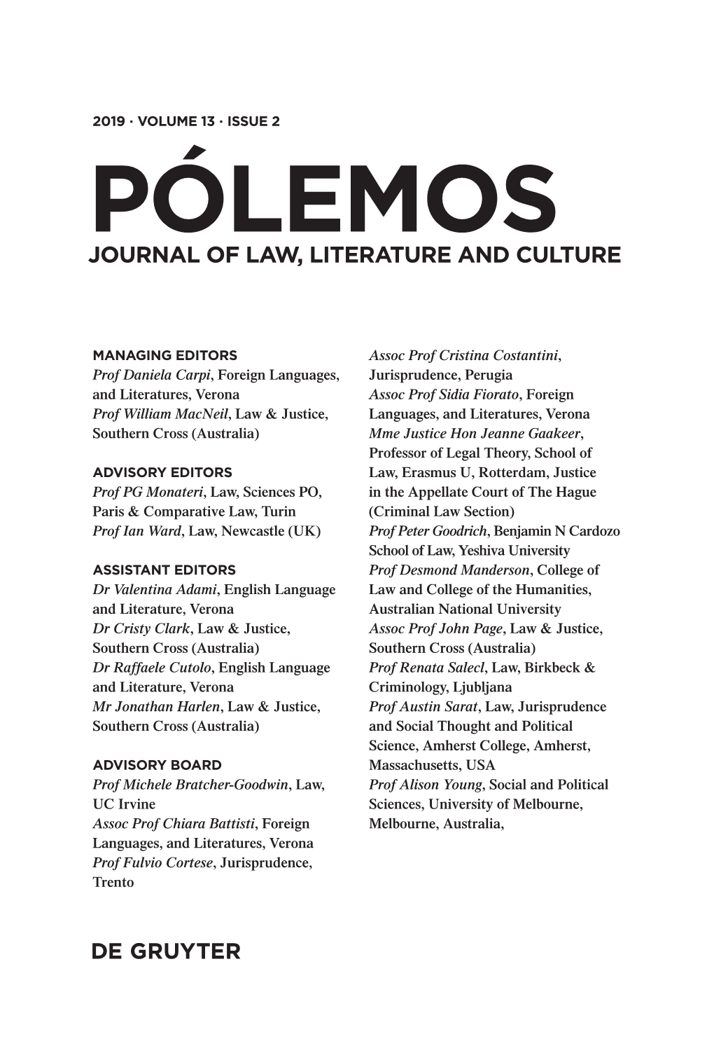 Pólemos Journal of Law, Literature and Culture