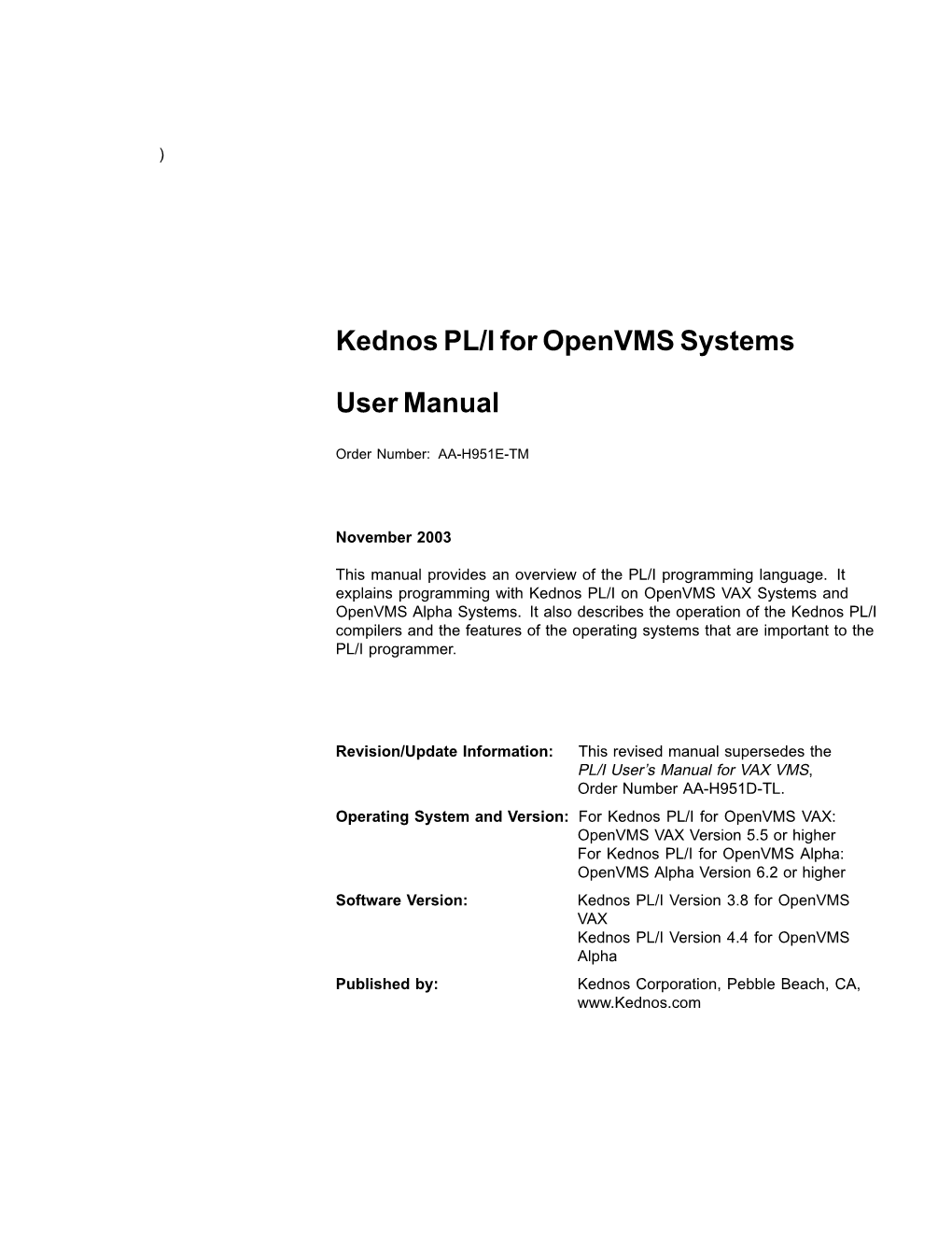 Kednos PL/I for Openvms Systems User Manual