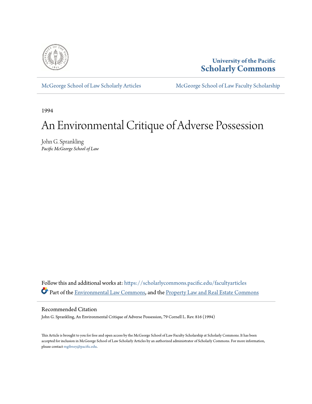 An Environmental Critique of Adverse Possession John G