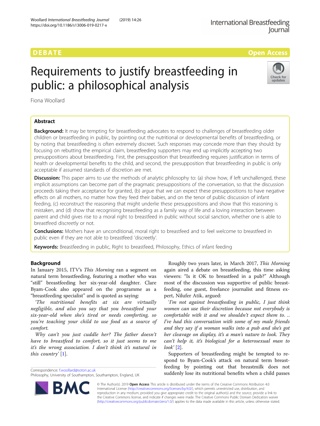 Requirements to Justify Breastfeeding in Public: a Philosophical Analysis Fiona Woollard