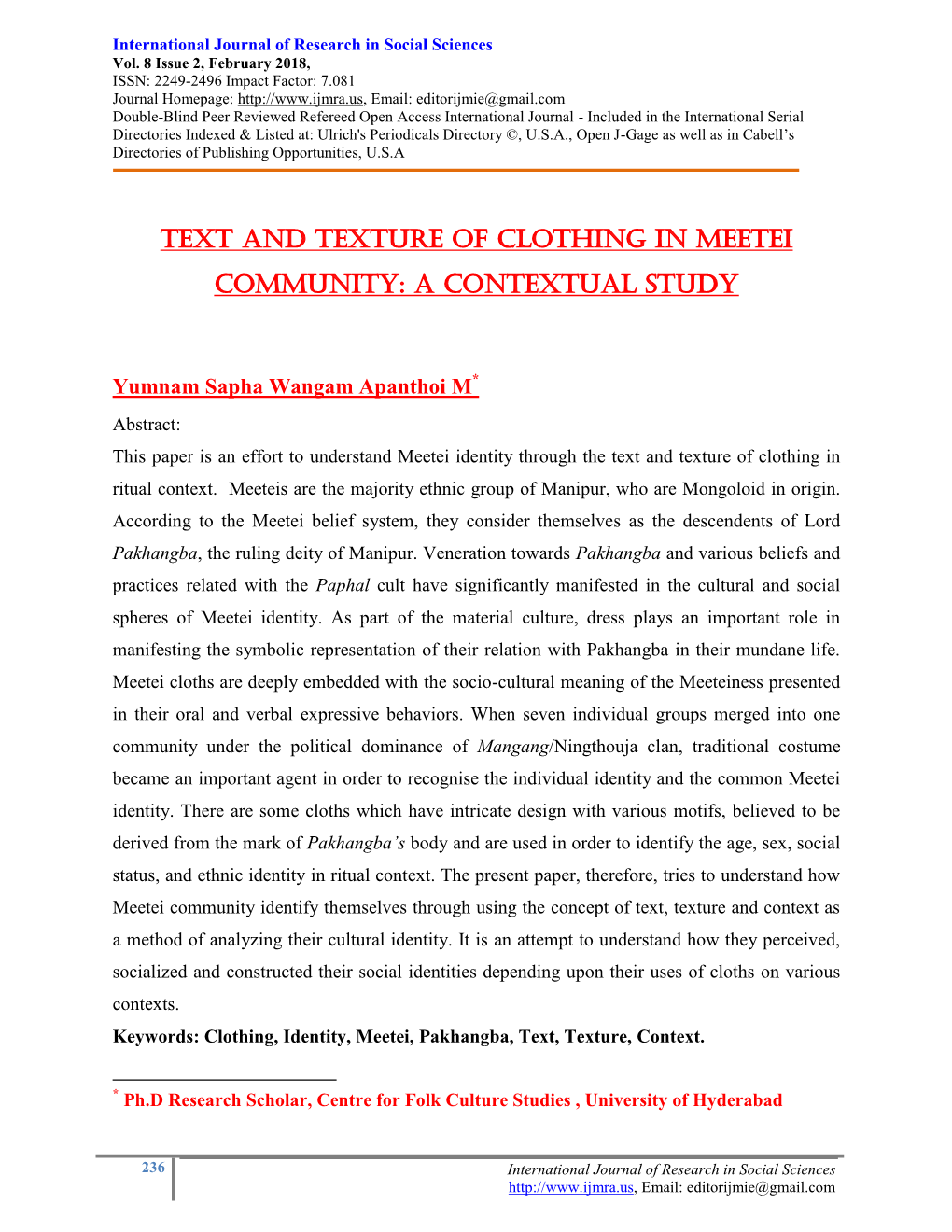 Text and Texture of Clothing in Meetei Community: a Contextual Study