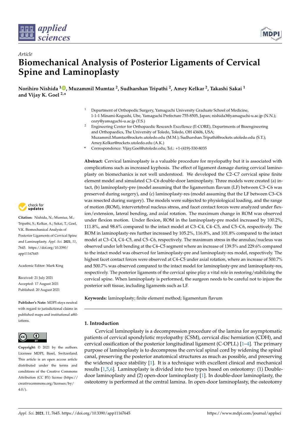 Biomechanical Analysis of Posterior Ligaments of Cervical Spine and Laminoplasty