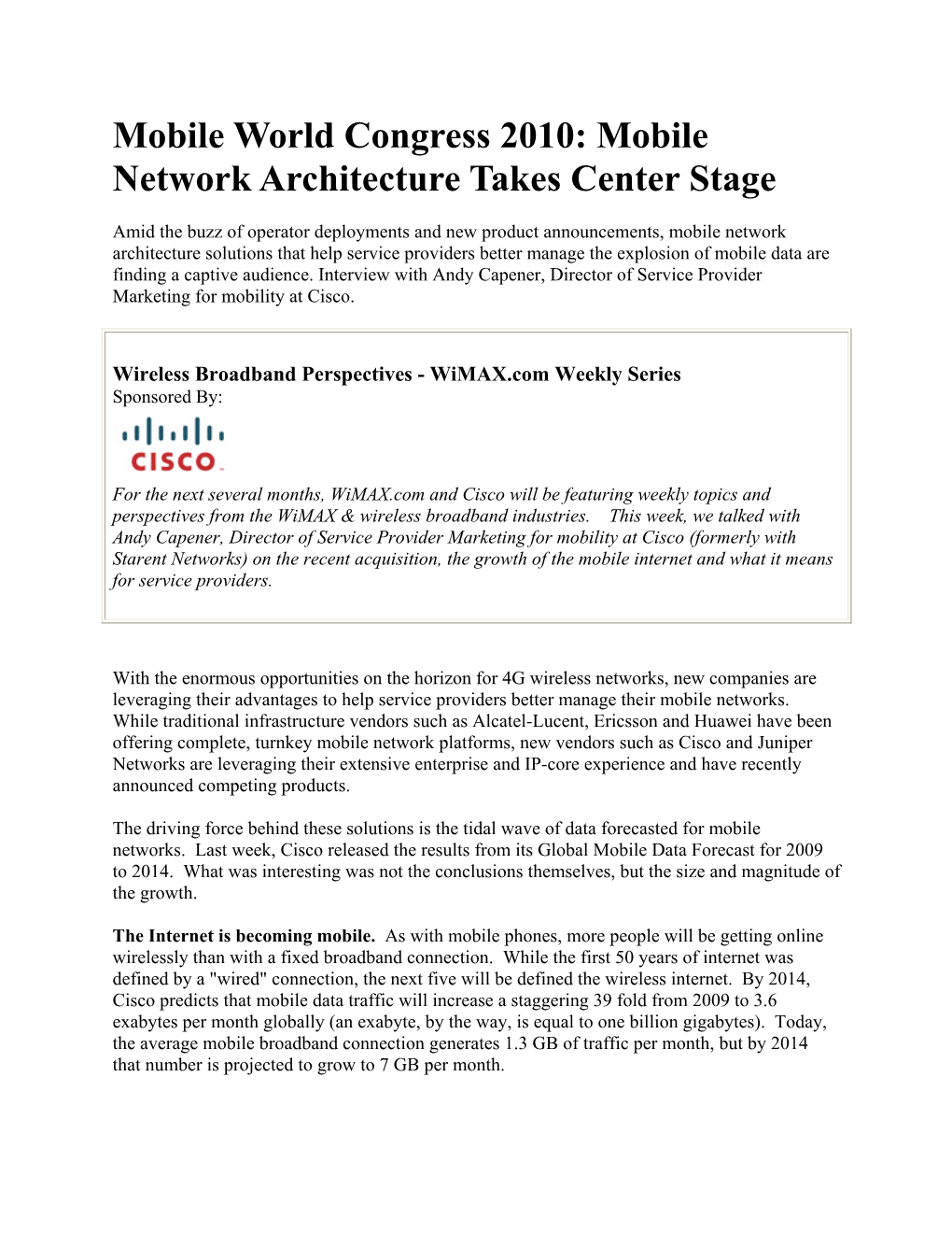 Mobile Network Architecture Takes Center Stage