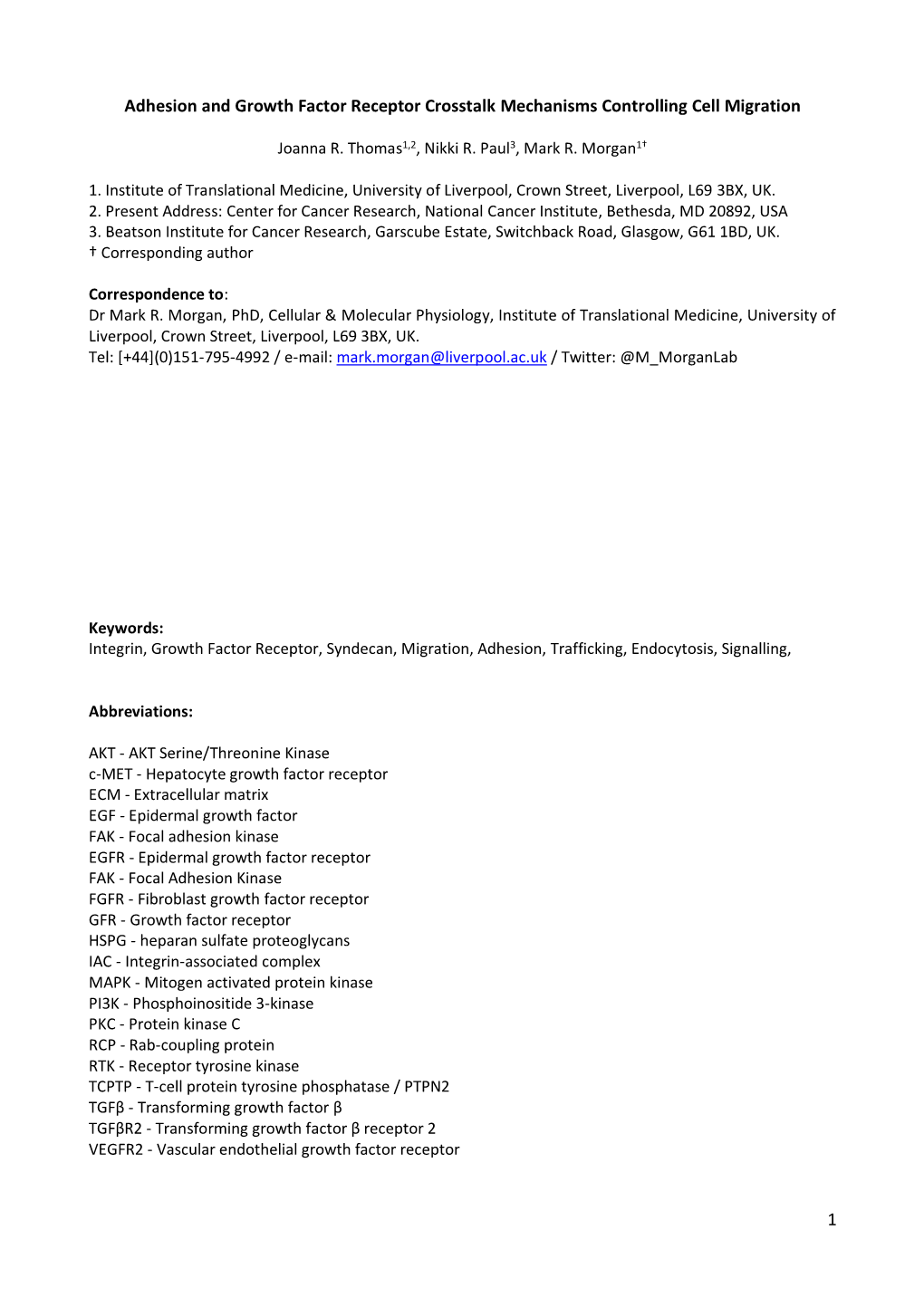 1 Adhesion and Growth Factor Receptor Crosstalk Mechanisms