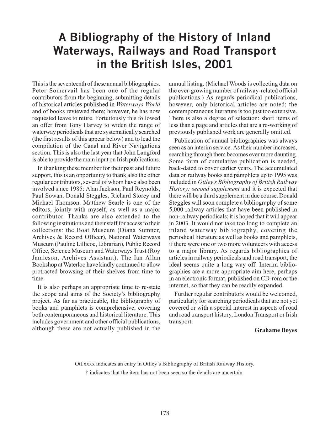 A Bibliography of the History of Inland Waterways, Railways and Road Transport in the British Isles, 2001