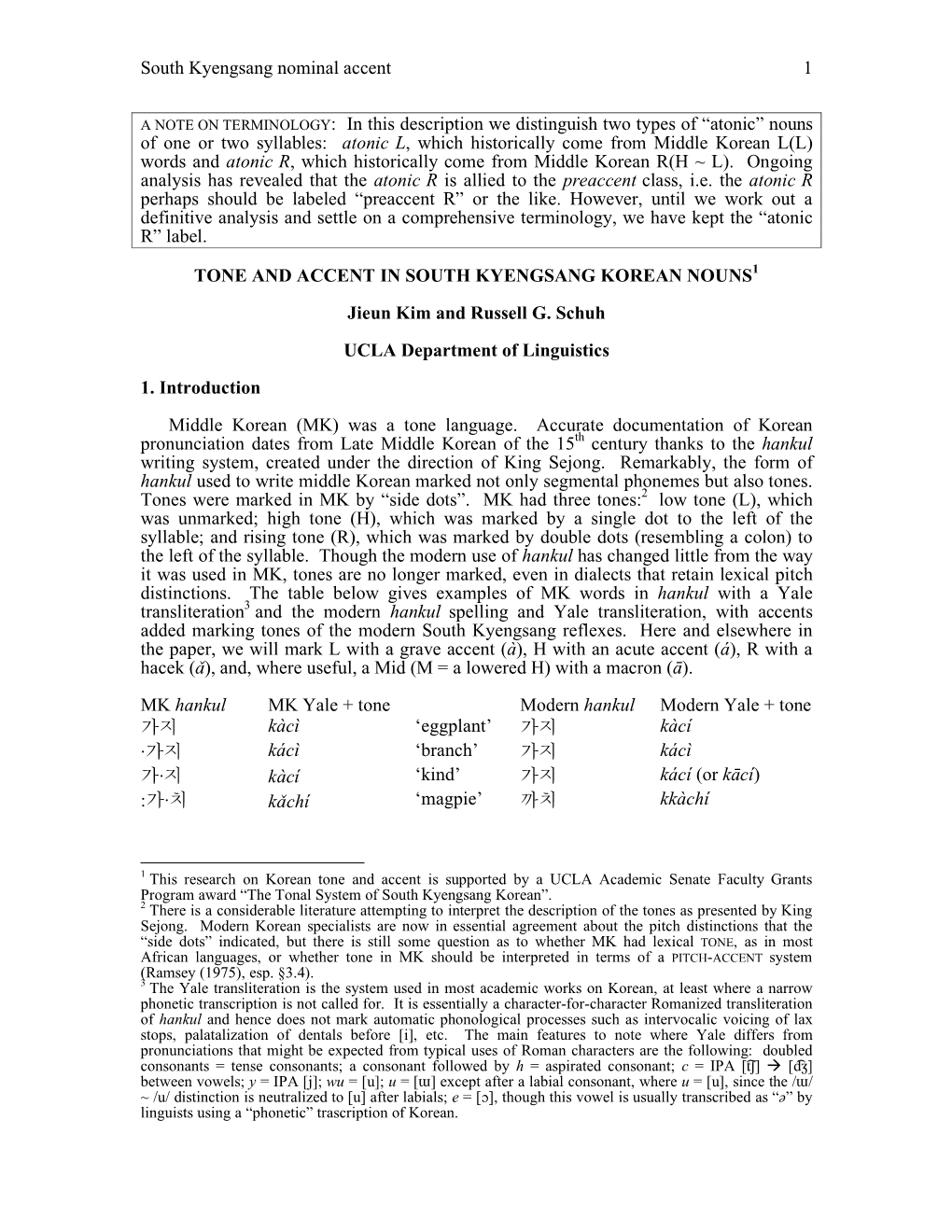 South Kyengsang Nominal Accent 1 a NOTE ON