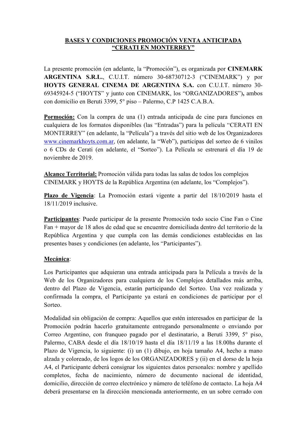 Bases Y Condiciones Promoción Venta Anticipada “Cerati En Monterrey”