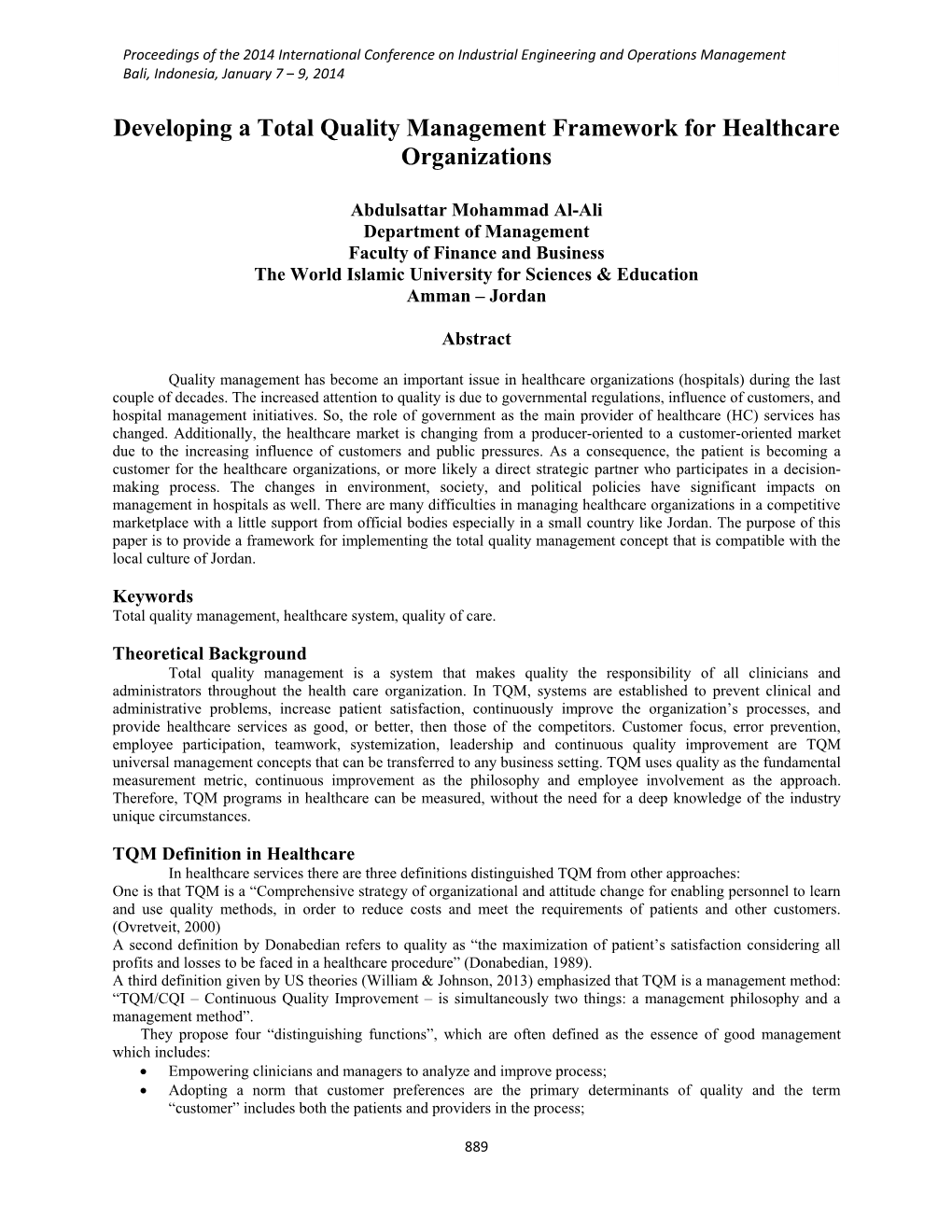 Developing a Total Quality Management Framework for Healthcare Organizations