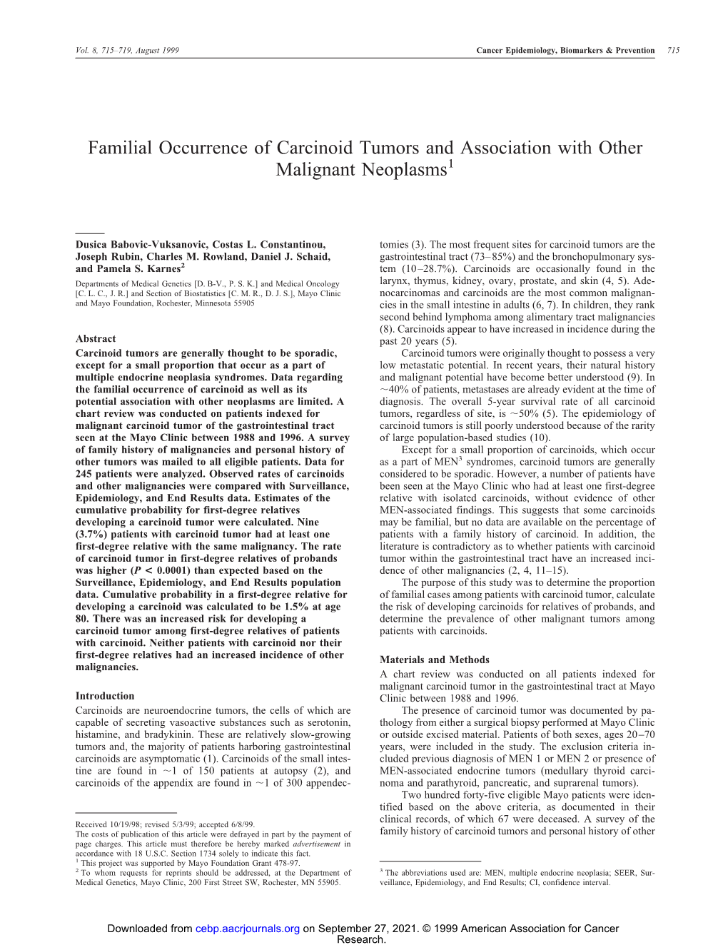 Familial Occurrence of Carcinoid Tumors and Association with Other Malignant Neoplasms1