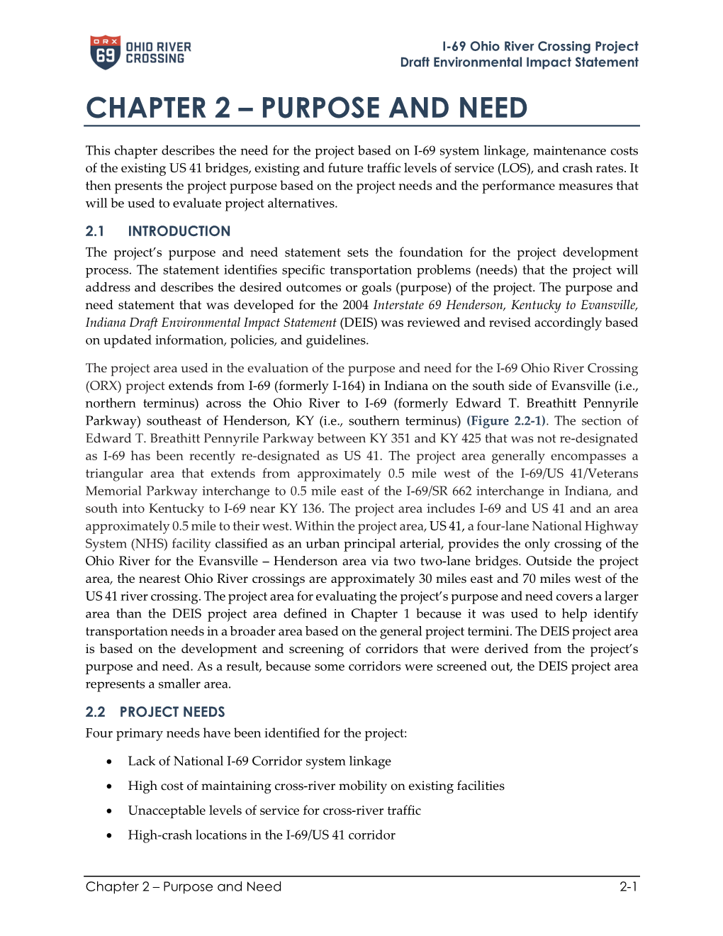 I-69 Ohio River Crossing DEIS, Chapter 2 Purpose and Need