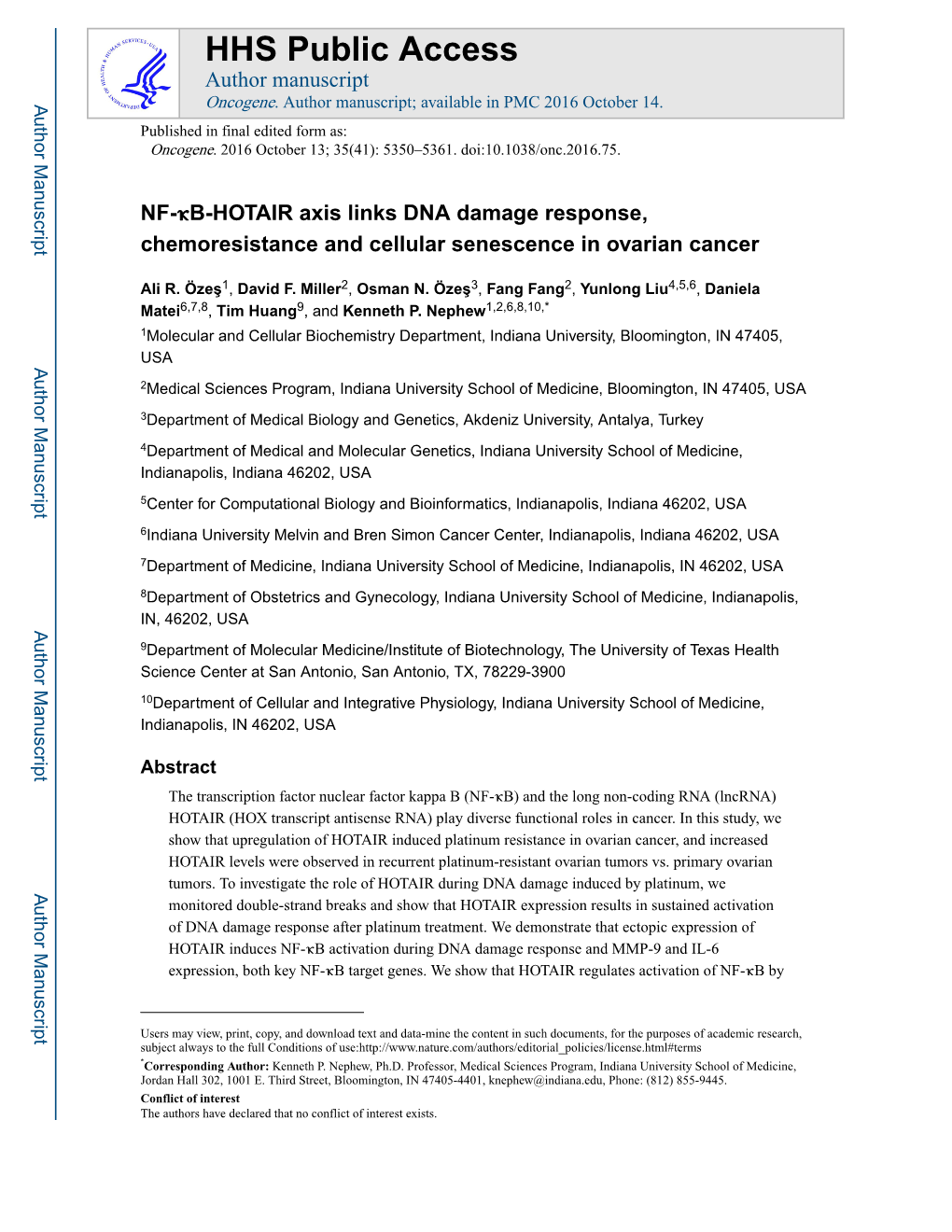 NF-Κb-HOTAIR Axis Links DNA Damage Response, Chemoresistance and Cellular Senescence in Ovarian Cancer