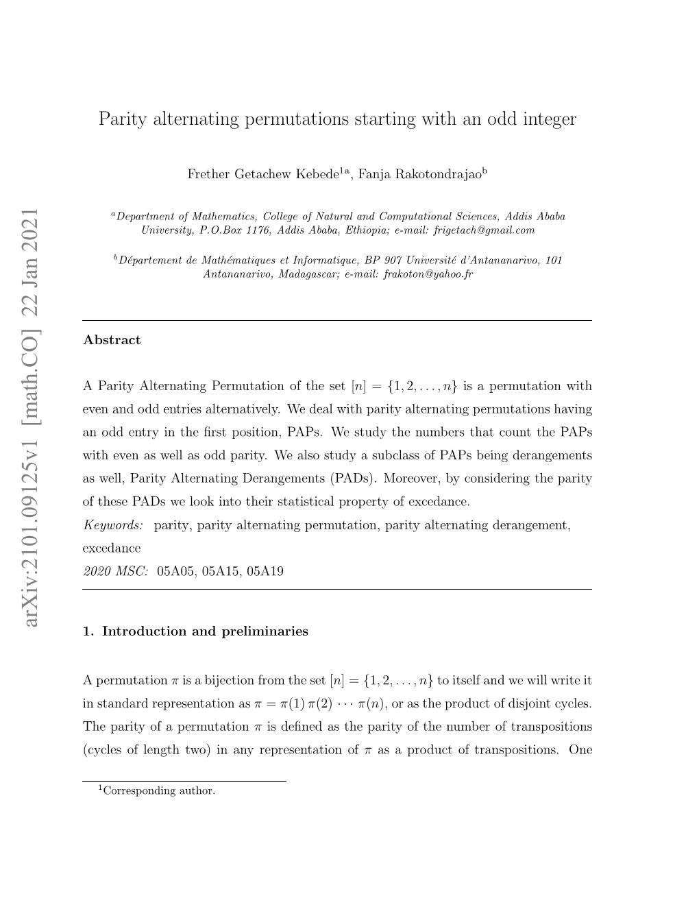 Parity Alternating Permutations Starting with an Odd Integer