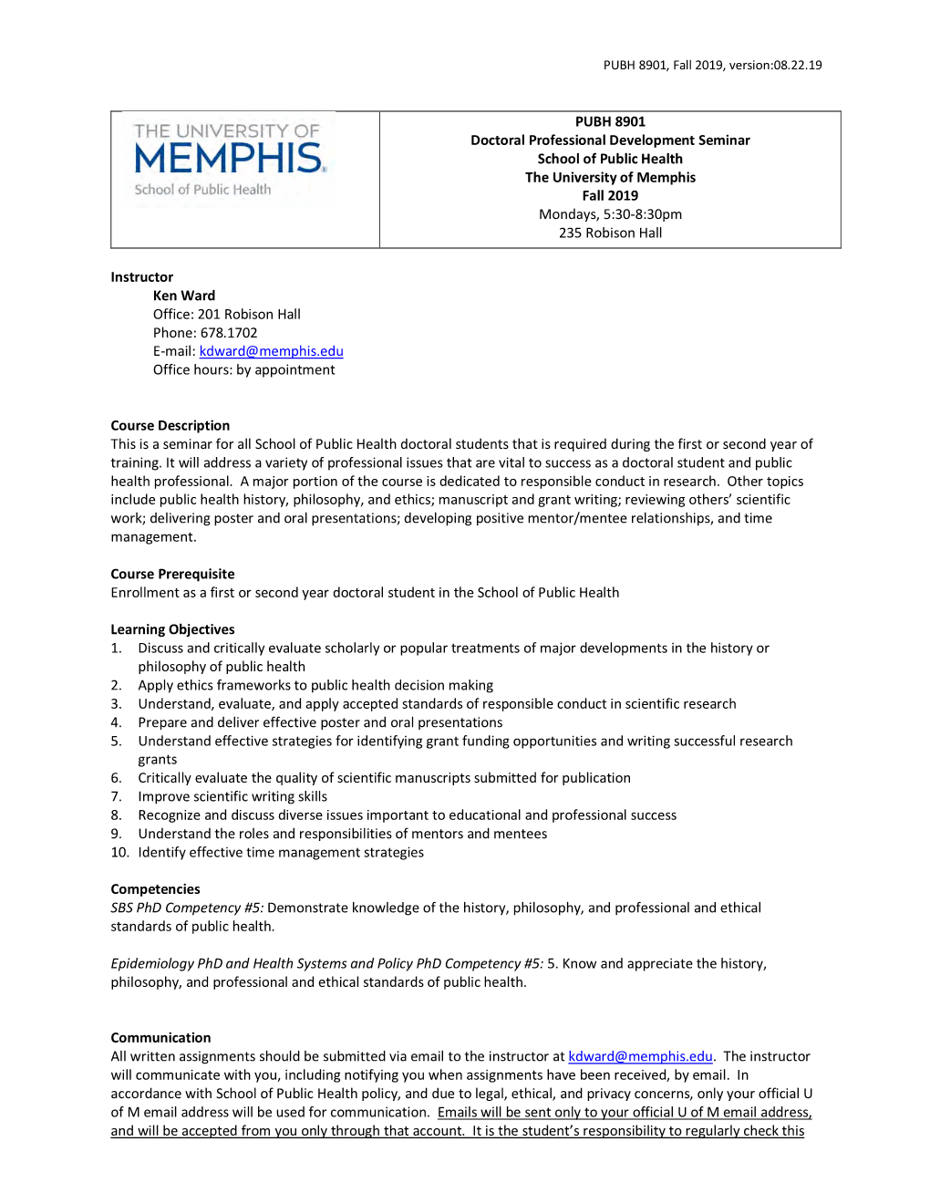 PUBH 8901 Doctoral Professional Development Seminar School of Public Health the University of Memphis Fall 2019