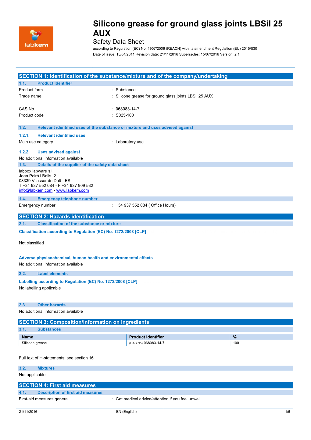 Silicone Grease for Ground Glass Joints Lbsil 25 AUX Safety Data Sheet