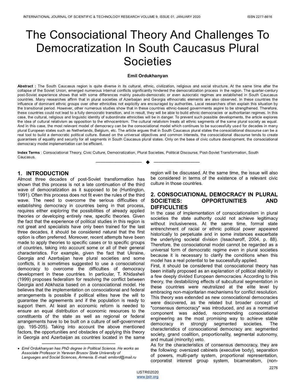 The Consociational Theory and Challenges to Democratization in South Caucasus Plural Societies