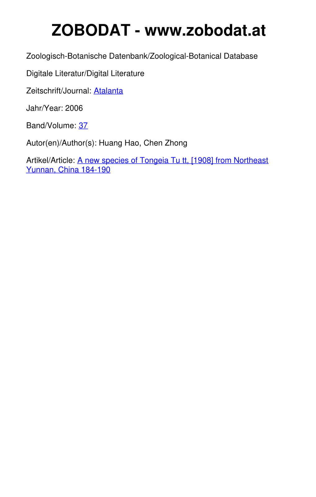 A New Species of Tongeia Tu Tt, [1908] from Northeast Yunnan, China 184-190 Atalanta (September 2006) 37 (1/2): 184-190, Würzburg, ISSN 0171-0079