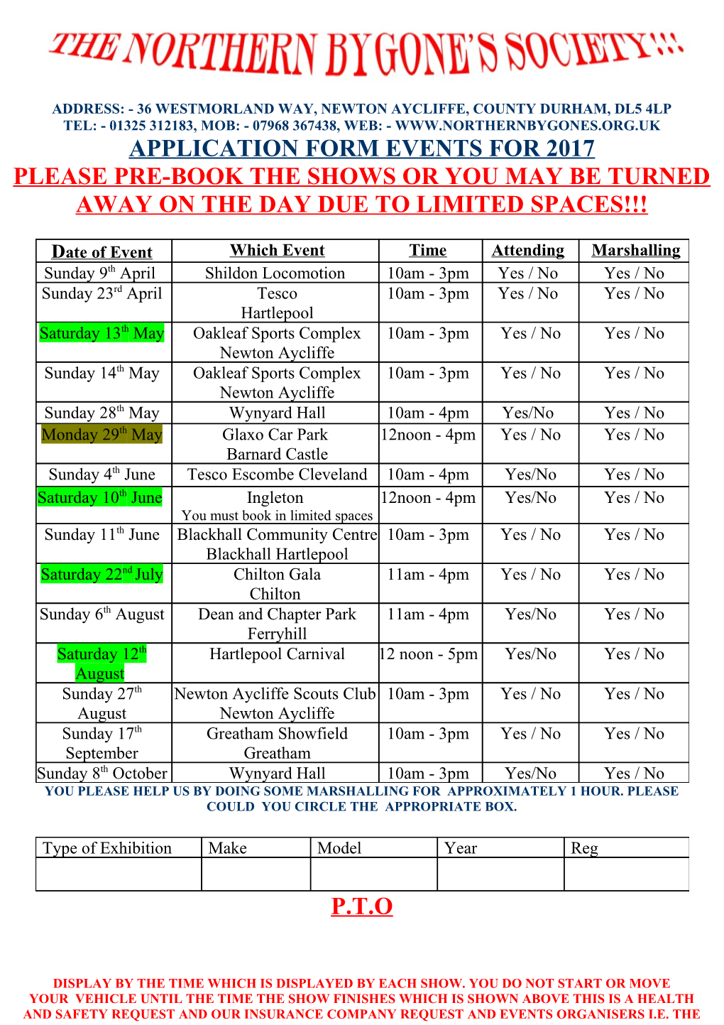 Application Form Events for 2017