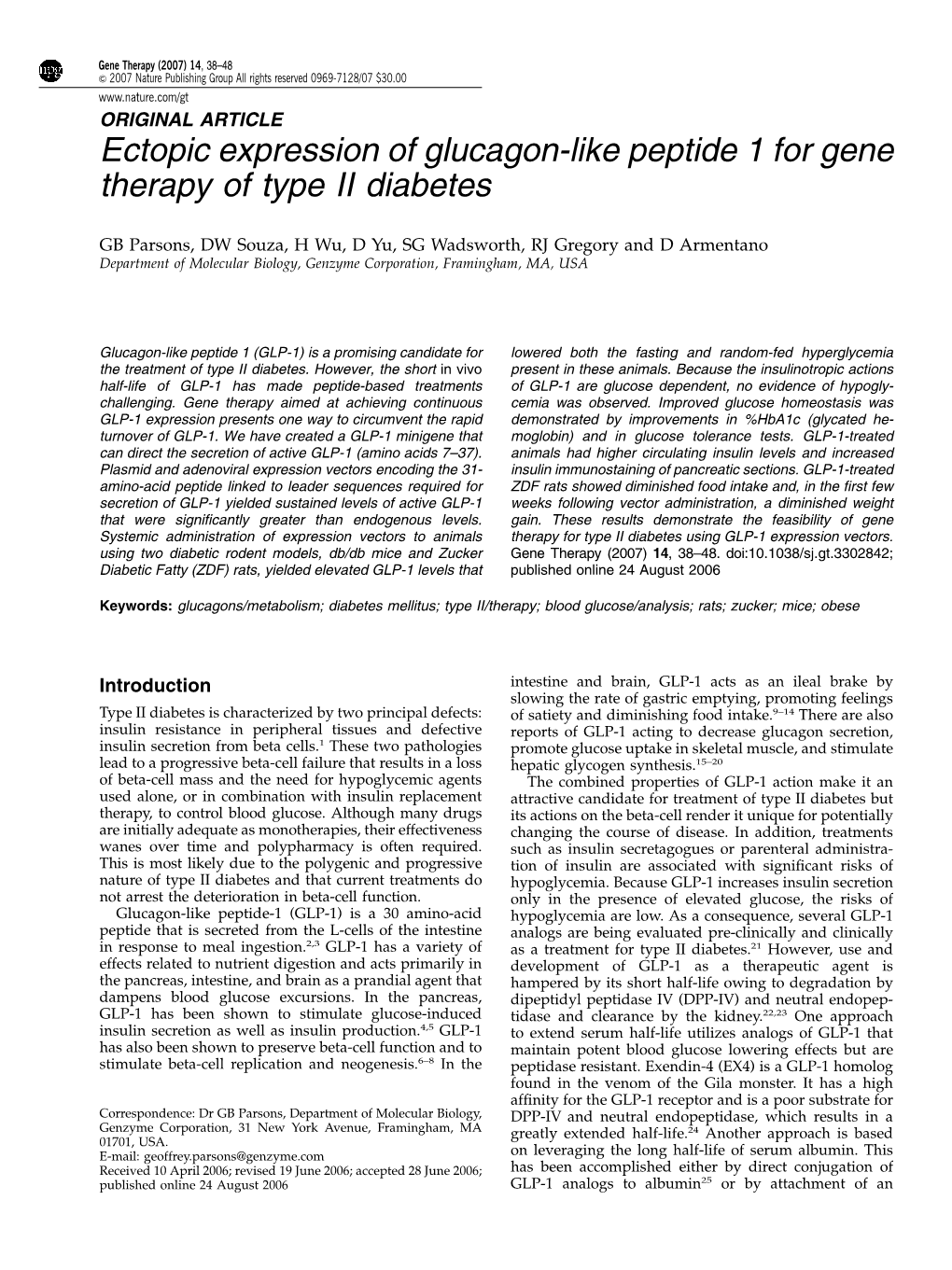 Ectopic Expression of Glucagon-Like Peptide 1 for Gene Therapy of Type II Diabetes