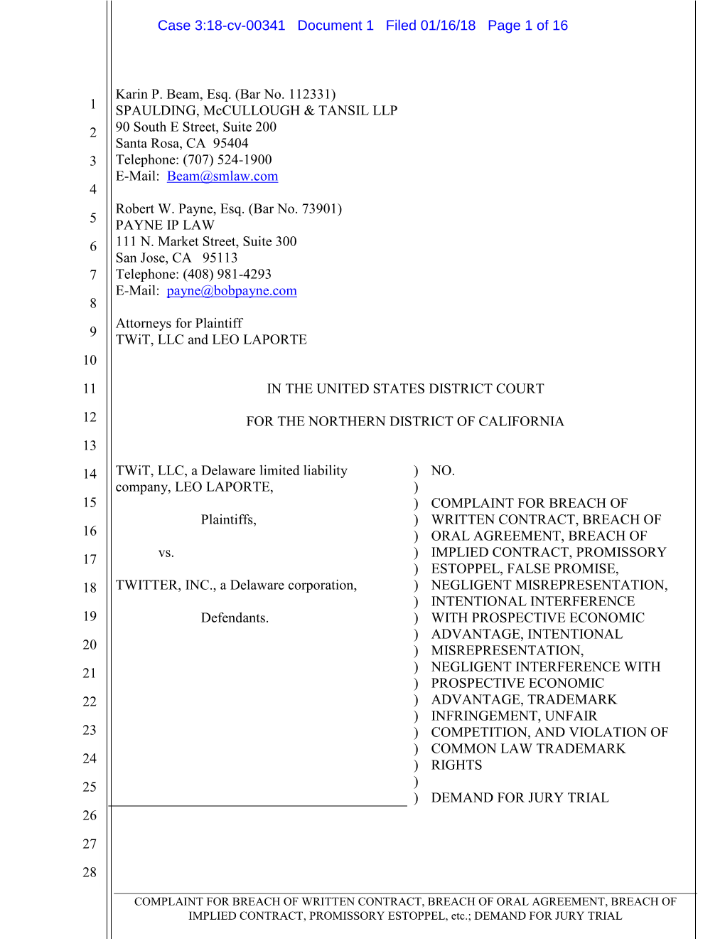 SPAULDING, Mccullough & TANSIL LLP 2 90 South E Street, Suite 200 Santa Rosa, CA 95404 3 Telephone: (707) 524-1900 E-Mail: Beam@Smlaw.Com 4 Robert W