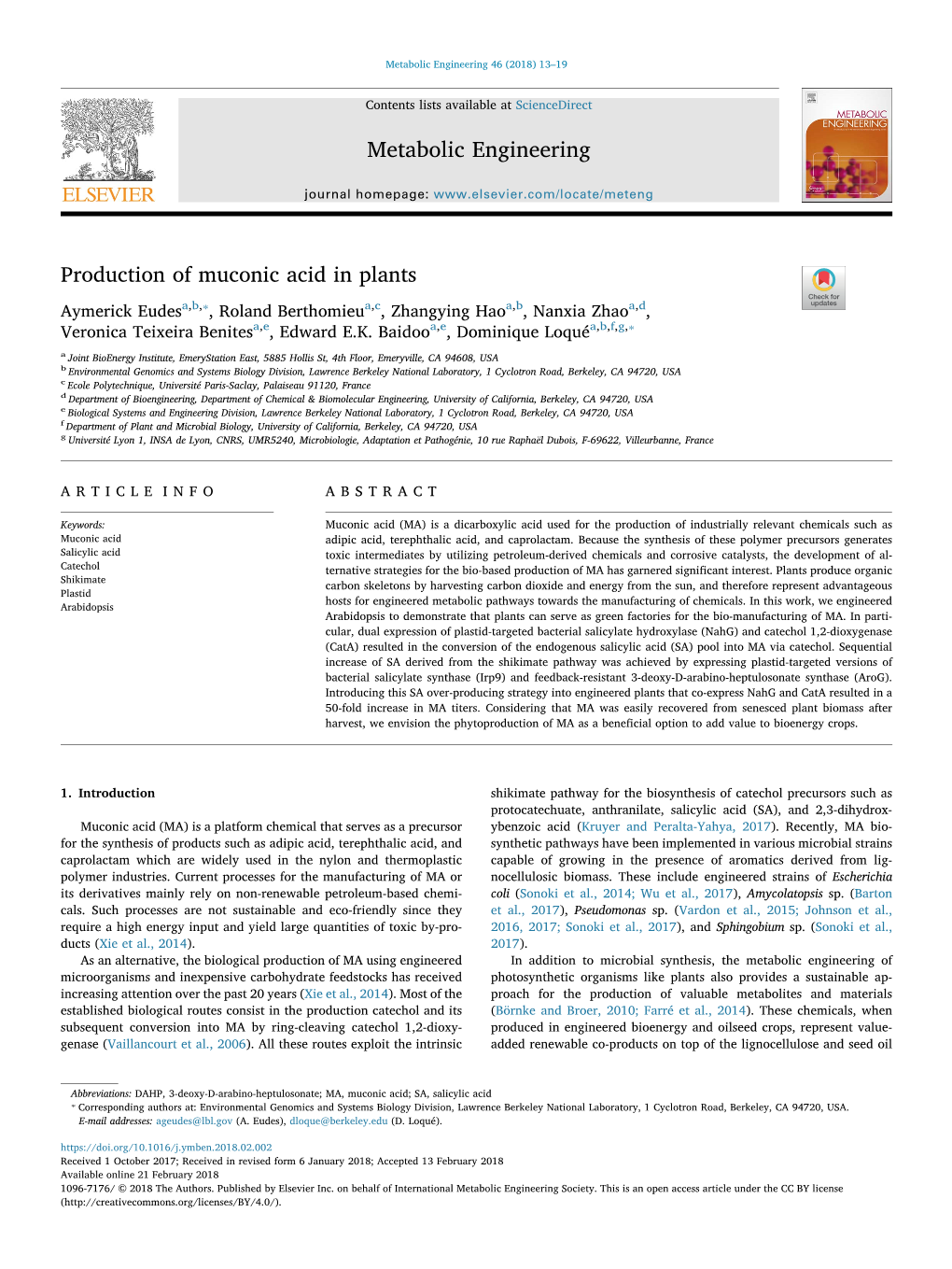 Production of Muconic Acid in Plants T ⁎ Aymerick Eudesa,B, , Roland Berthomieua,C, Zhangying Haoa,B, Nanxia Zhaoa,D, ⁎ Veronica Teixeira Benitesa,E, Edward E.K