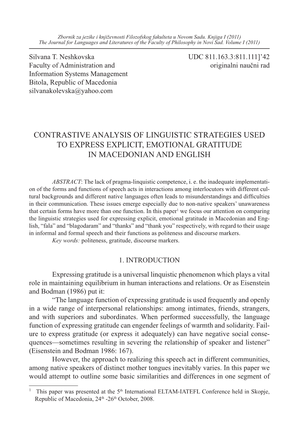 Contrastive Analysis of Linguistic Strategies Used to Express Explicit, Emotional Gratitude in Macedonian and English