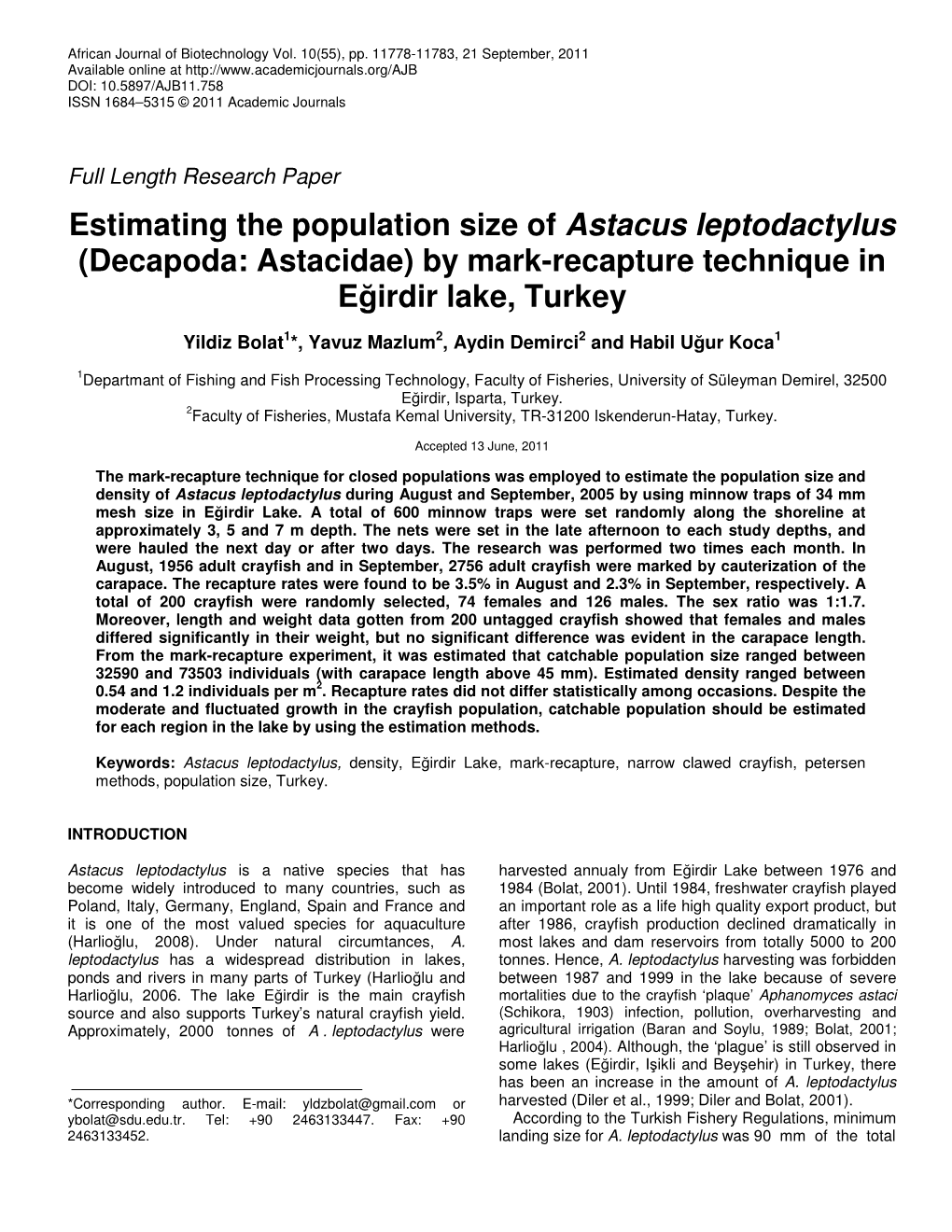 Estimating the Population Size of Astacus Leptodactylus (Decapoda: Astacidae) by Mark-Recapture Technique in E₣Irdir Lake, Turkey