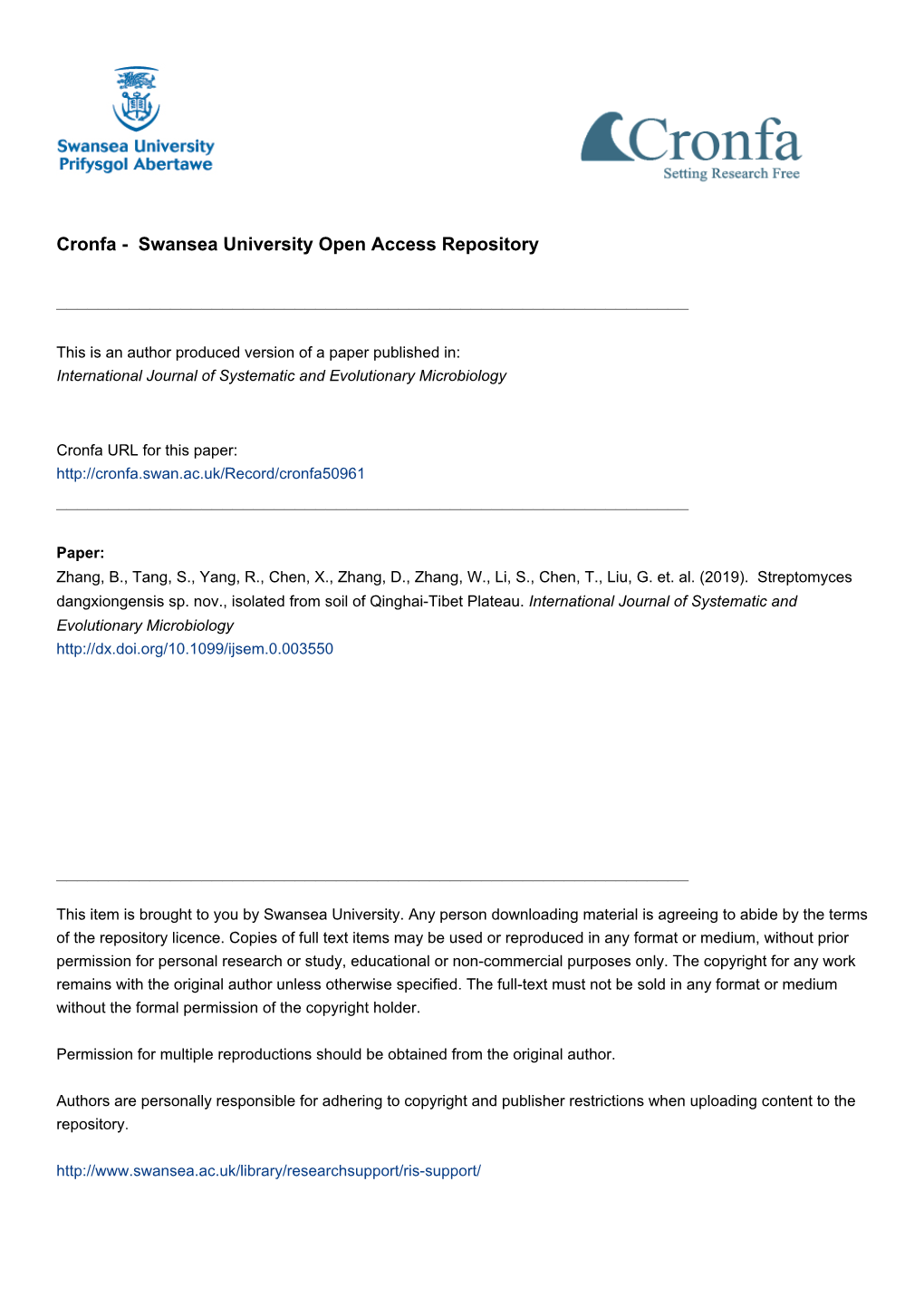 Description of Streptomyces Dangxiongensis Sp. Nov