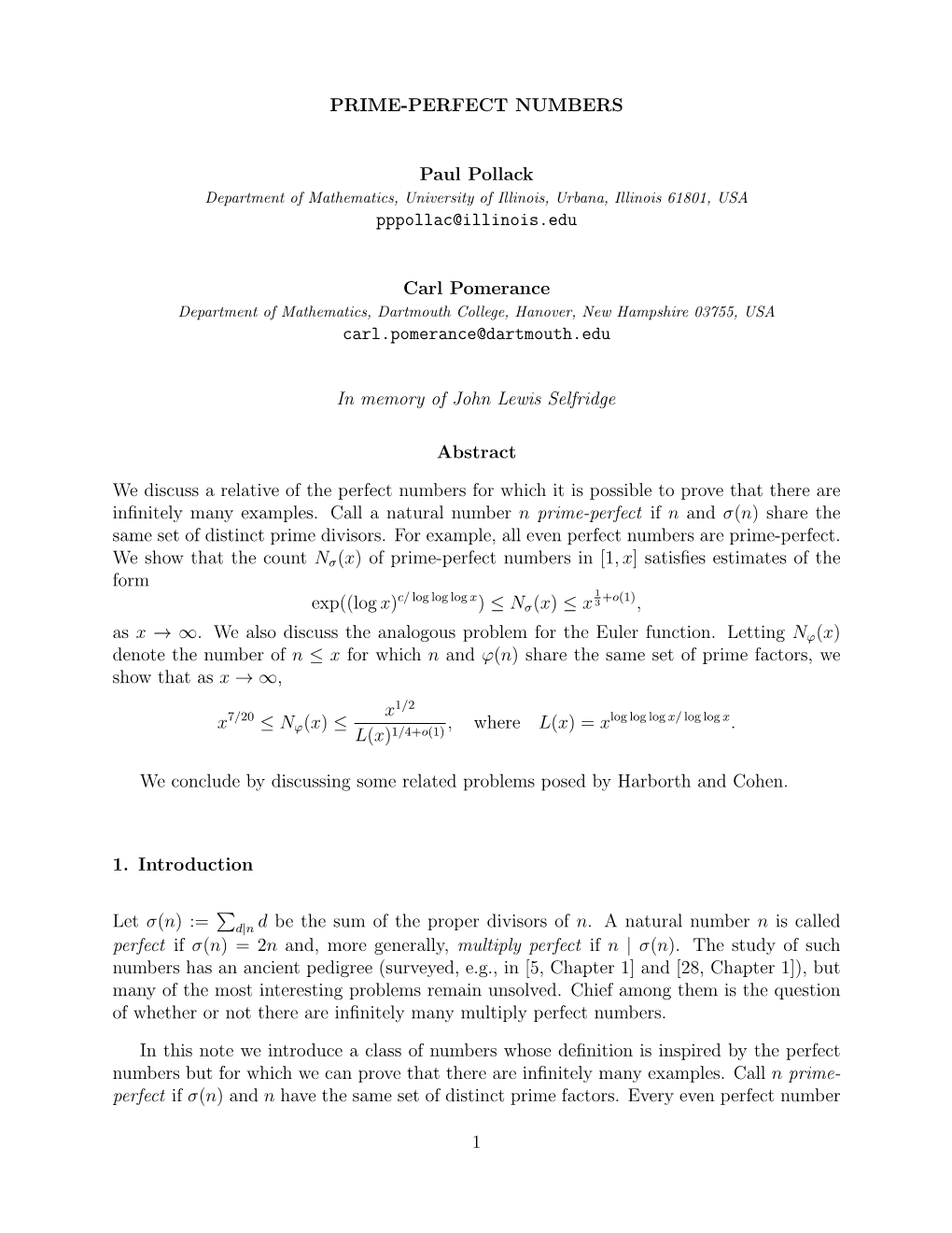 PRIME-PERFECT NUMBERS Paul Pollack Pppollac@Illinois.Edu Carl