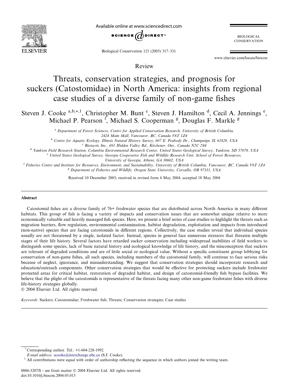 Threats, Conservation Strategies, and Prognosis for Suckers (Catostomidae) in North America: Insights from Regional Case Studies of a Diverse Family of Non-Game ﬁshes