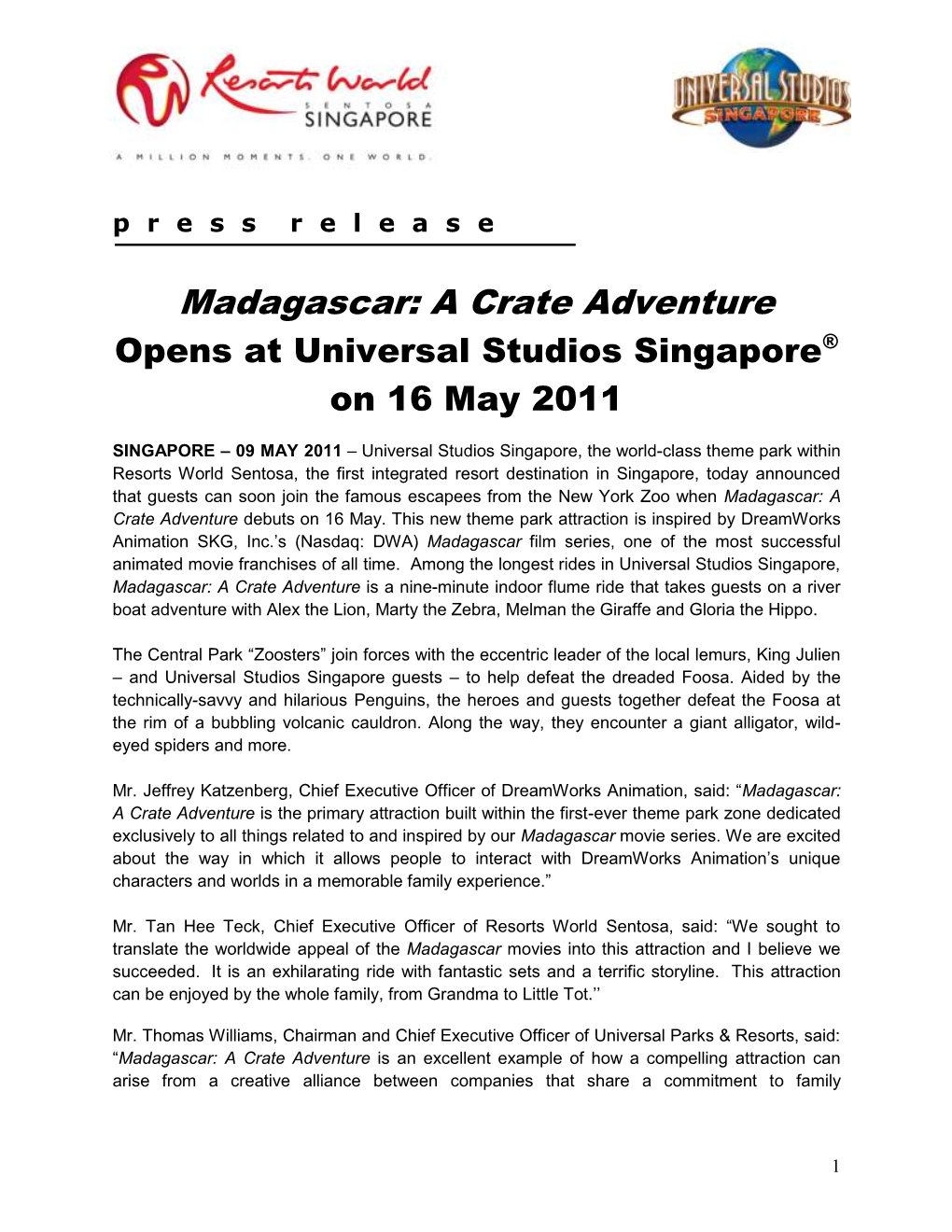 Madagascar: a Crate Adventure Opens at Universal Studios Singapore® on 16 May 2011