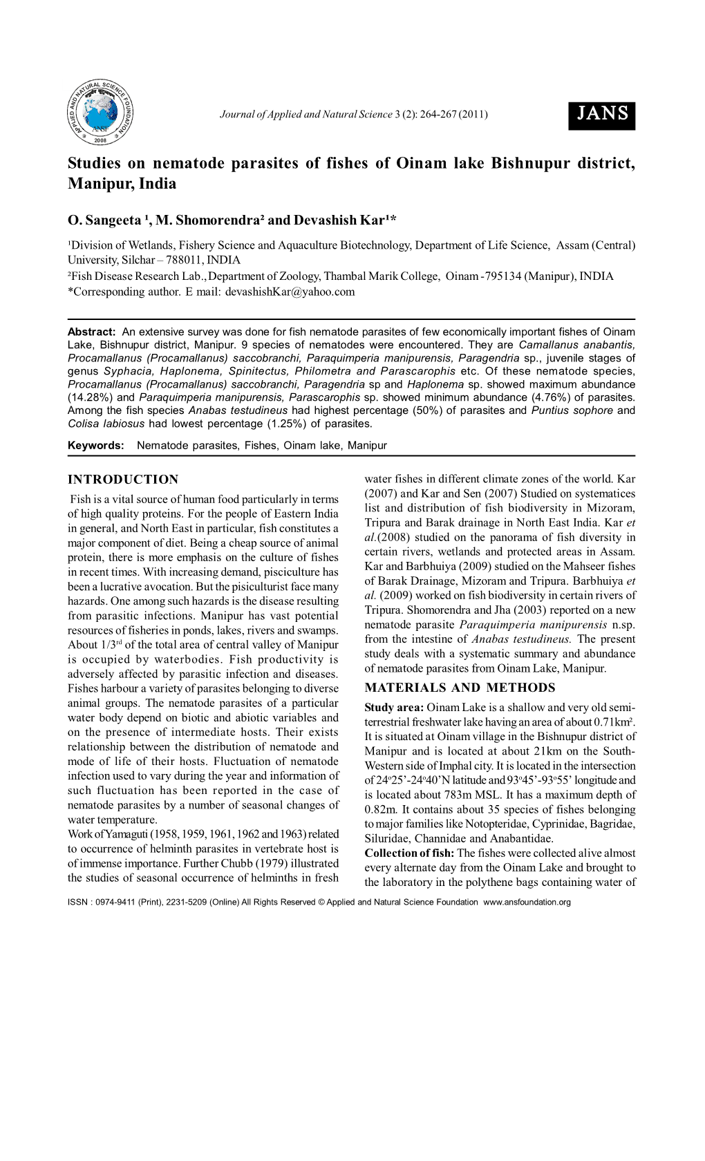 Studies on Nematode Parasites of Fishes of Oinam Lake Bishnupur District, Manipur, India