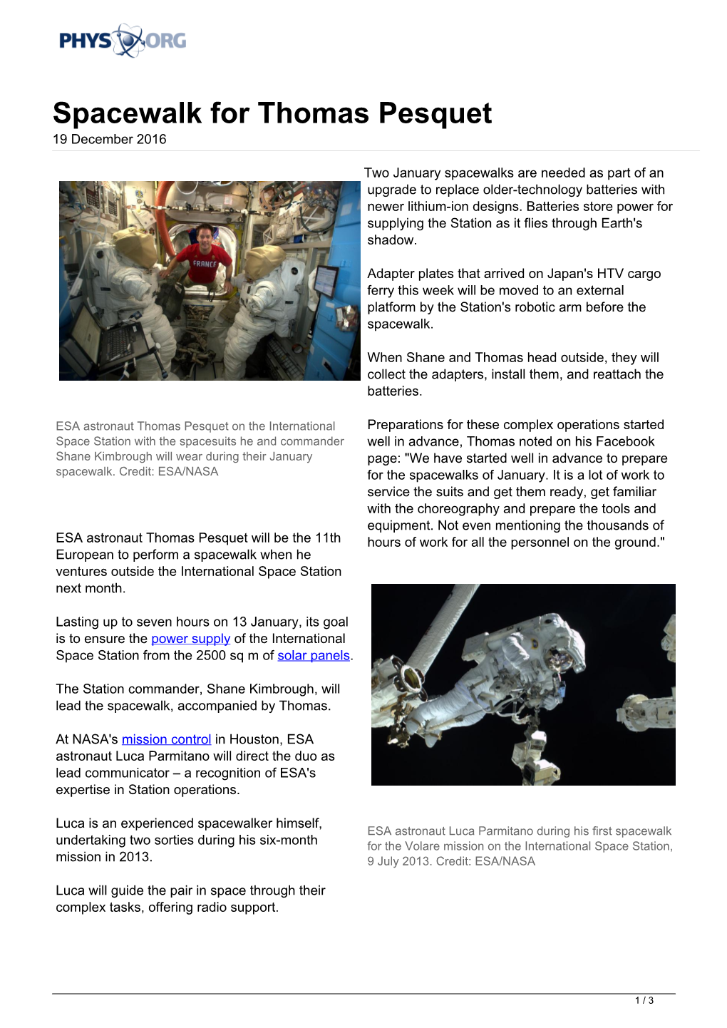 Spacewalk for Thomas Pesquet 19 December 2016