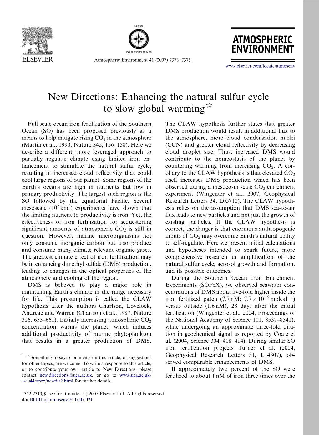 Enhancing the Natural Sulfur Cycle to Slow Global Warming$