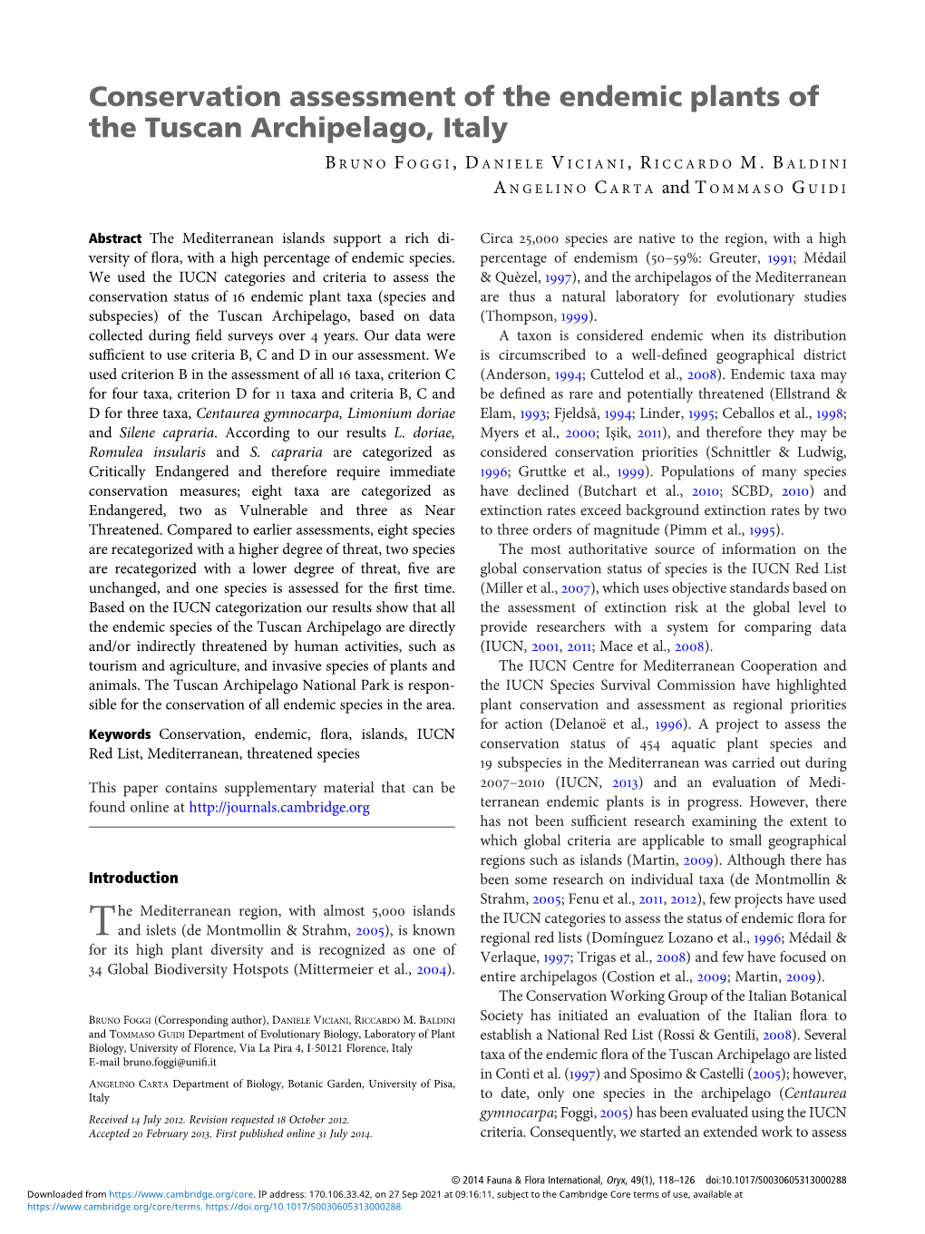 Conservation Assessment of the Endemic Plants of the Tuscan Archipelago, Italy