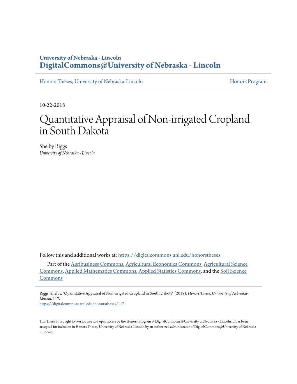 Quantitative Appraisal of Non-Irrigated Cropland in South Dakota Shelby Riggs University of Nebraska - Lincoln