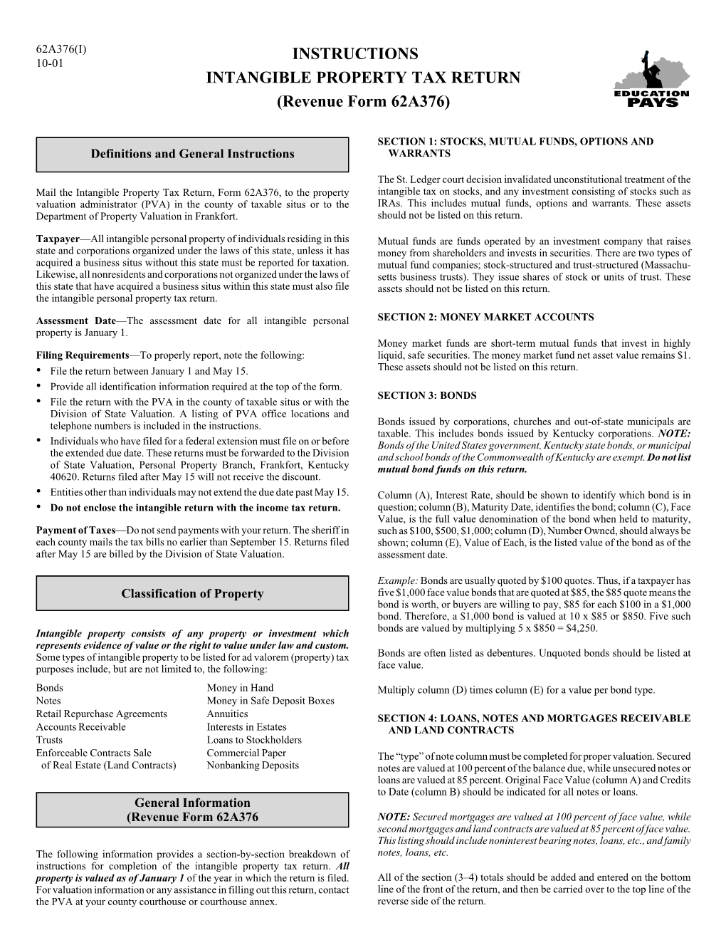 INSTRUCTIONS INTANGIBLE PROPERTY TAX RETURN (Revenue Form 62A376)